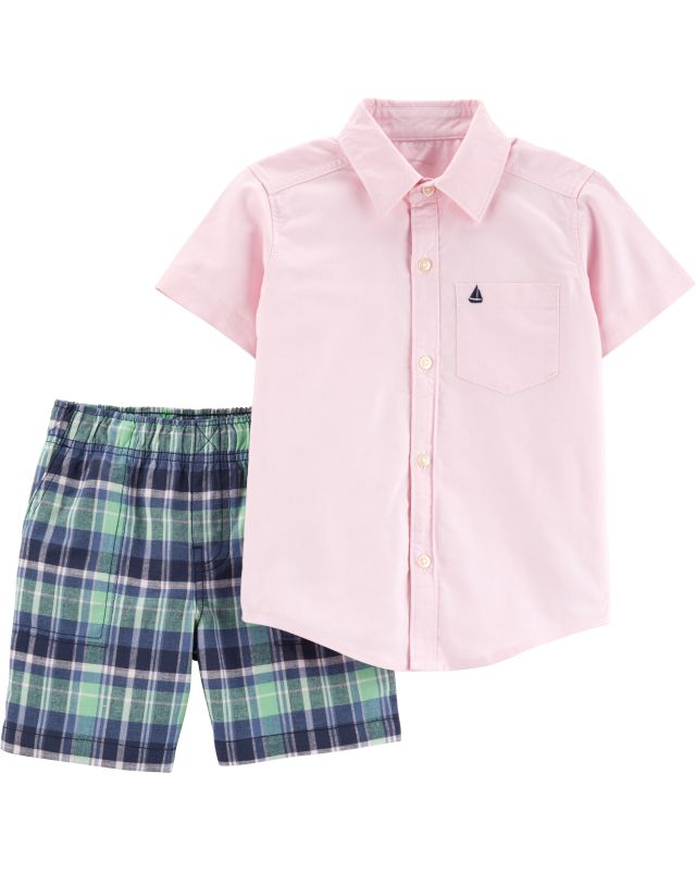 Carter's σετ μπλε καρό παντελόνι κοντό με ροζ πουκάμισο