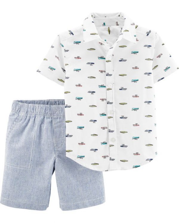 Carter's σετ βερμούδα σιέλ με ρίγες και πουκάμισο με σχέδιο καράβι