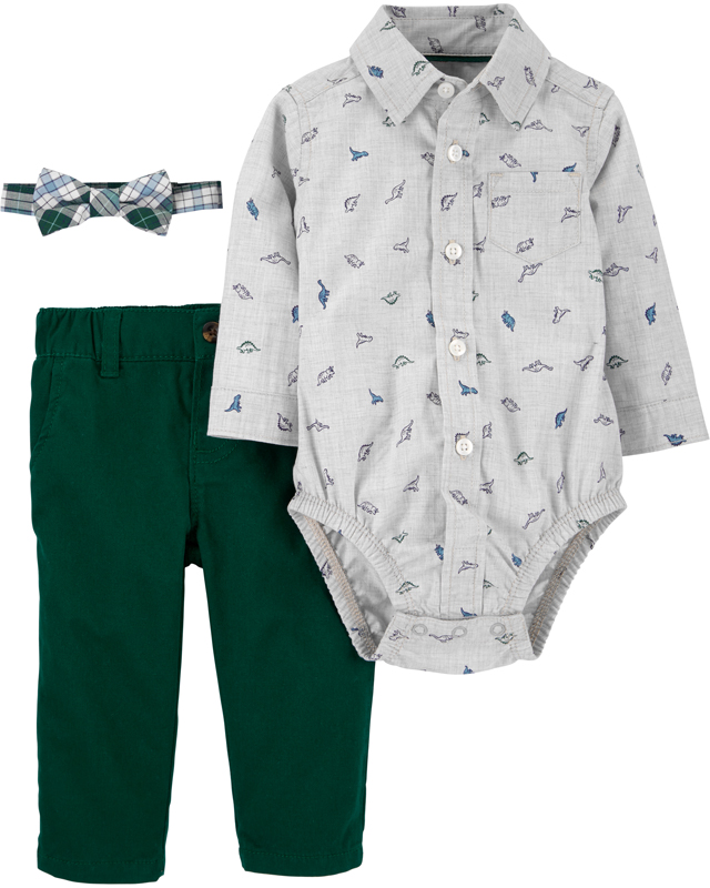 Carter's  σύνολο τριών τεμαχίων,κορμάκι πουκάμισο με δεινόσυαρους-παντελόνι-παπιγιόν