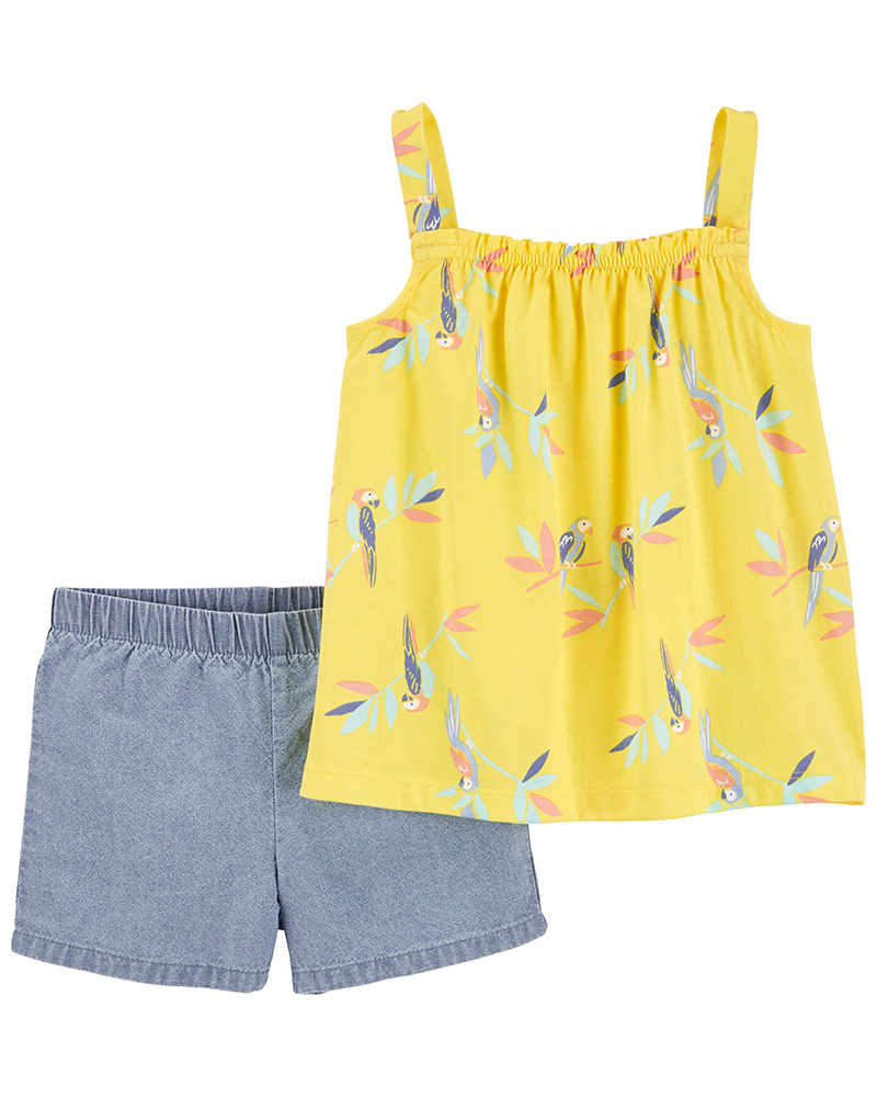 Carter's σετ 2 Τεμαχίων,Κοντό Σορτς - Αμάνικο μπλουζάκι, σχέδιο με παπαγάλους, κίτρινο-μπλε