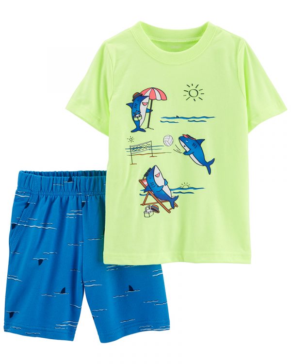 Carter's σετ 2 Τεμαχίων, Κοντομάνικο μπλουζάκι- σορτς, σχέδιο με καρχαρίες, μπλε-πράσινο