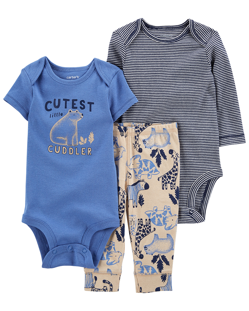 Carter's Σετ τριών τεμαχίων, δύο κορμάκια - παντελόνι με σχέδιο ζωάκια ''CUTEST little CUDDLER'', μπλε-μαύρο-μπεζ