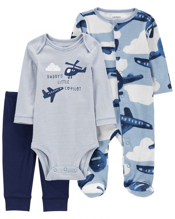 Carter's σετ τριών τεμαχίων φορμάκι-παντελόνι-κορμάκι, σχέδιο αεροπλανάκια, μπλε