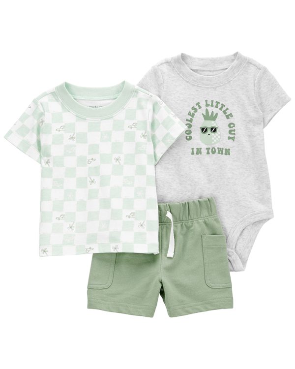 Carter's σέτ 3 τεμαχίων μπλουζάκι-κορμάκι-σορτσάκι, πράσινο-γκρι