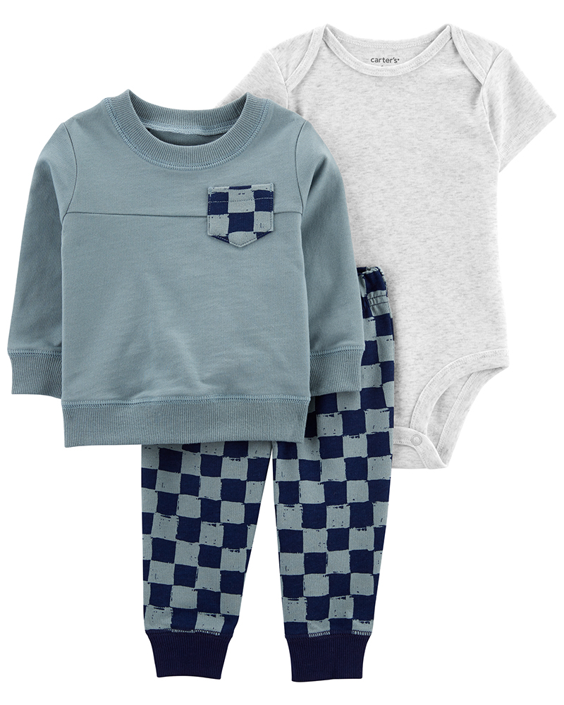 Carter's  σετ 3 τεμαχίων μπλούζα–κορμάκι παντελόνι, λευκό-μπλε