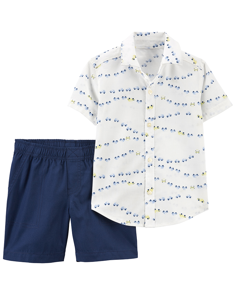 Carter's σετ κοντό παντελόνι, κοντομάνικο πουκάμισο, σχέδιο αυτοκινητάκια, μπλε-λευκό