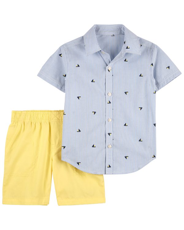 Carter's σετ κοντό παντελόνι, κοντομάνικο πουκάμισο, σχέδιο καραβάκια, κίτρινο-γαλάζιο