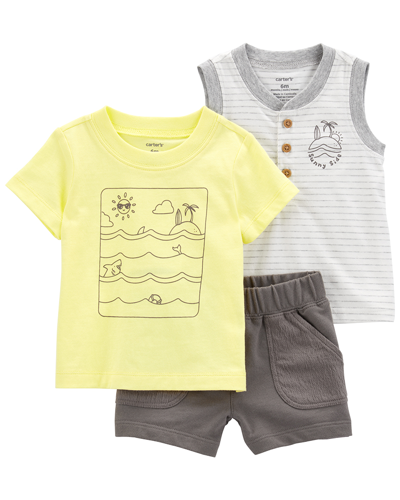 Carter's σετ 3 τεμαχίων μπλουζάκι-αμάνικο-σορτσάκι, κίτρινο-γκρι, σχέδιο ωκεανός