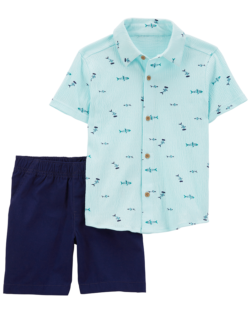 Carter's σετ κοντό παντελόνι, κοντομάνικο πουκάμισο μπλε, σχέδιο ψαράκια